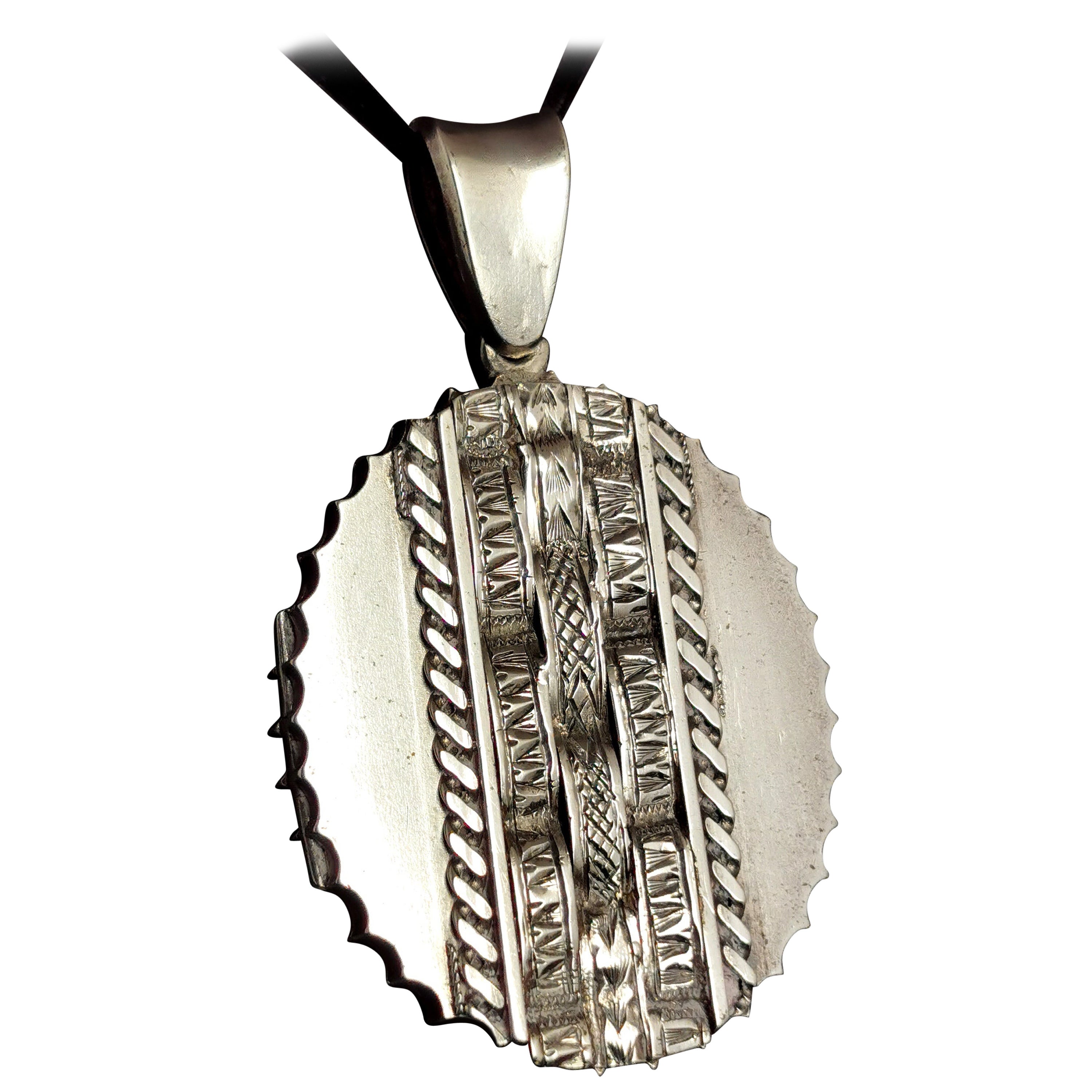 Antique Victorian Silver Locket Pendant, Aesthetic Era