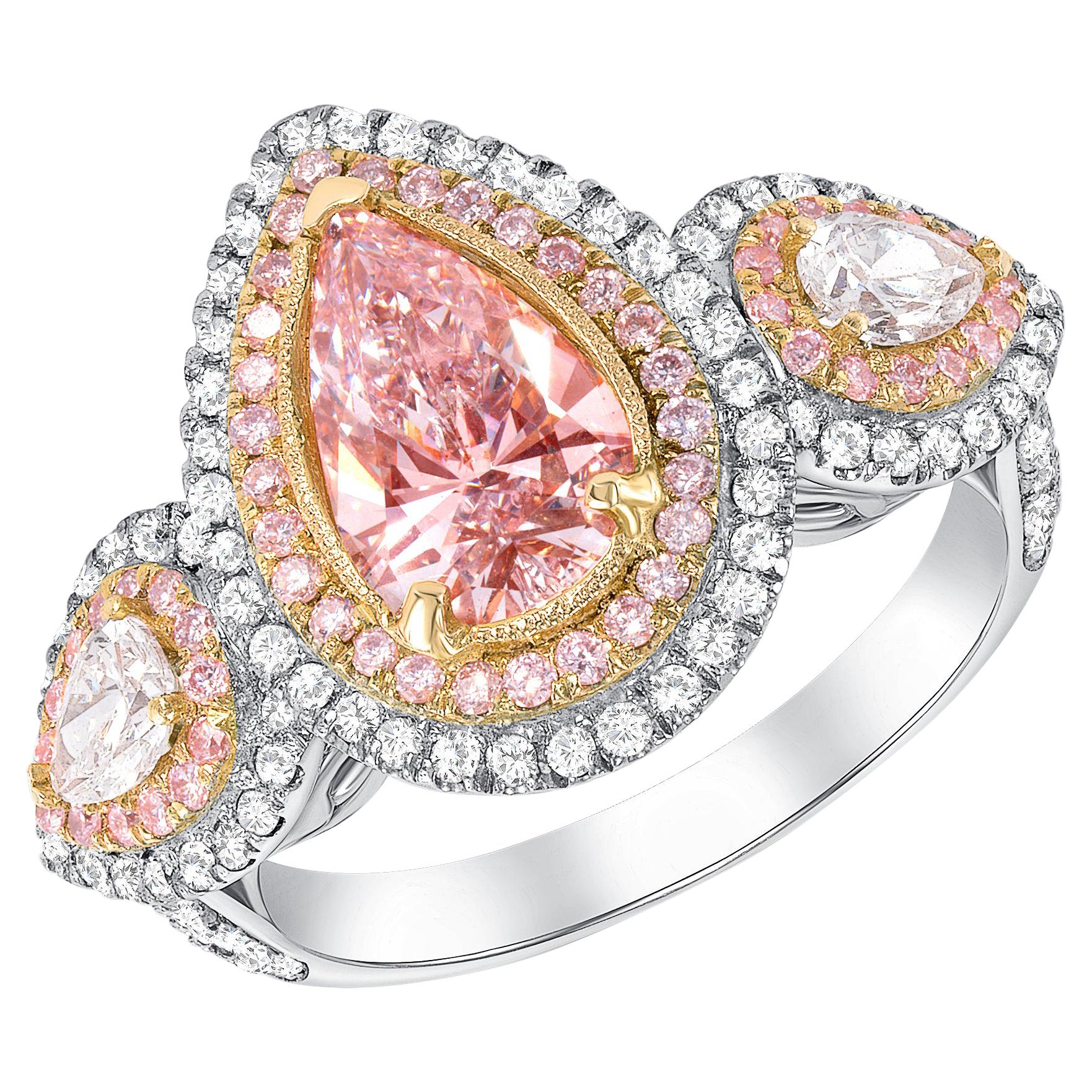 2.55 Carat 3 Stone Fancy Light Pink Pear Shaped Diamond Engagement Ring For Sale