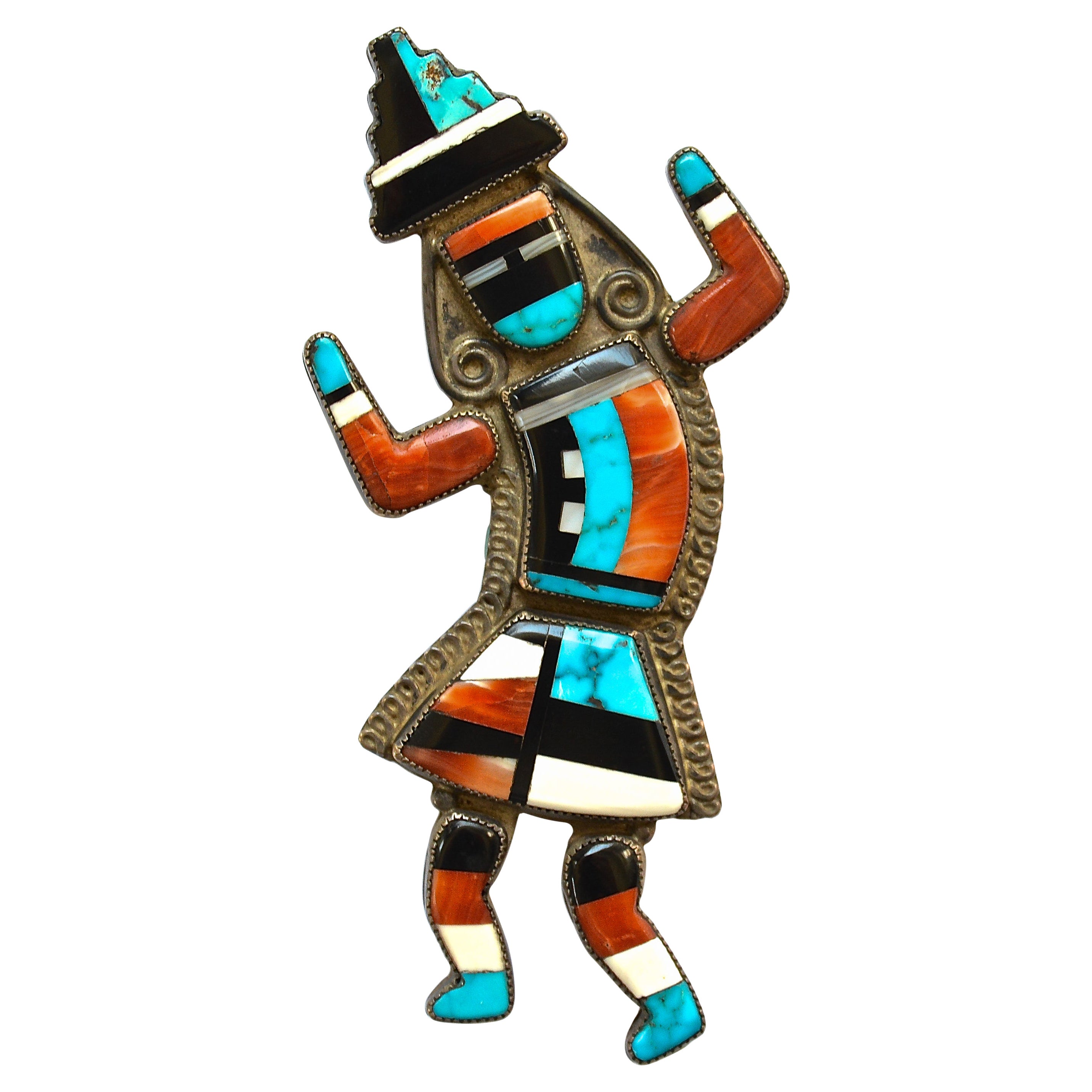 Classic, Historic and Rare Zuni Rainbow Dancer Pin by Merle Edaakie For Sale