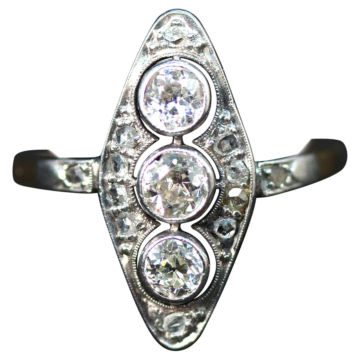 Antique Art Déco Diamond White Gold Navette Cocktail Ring, Austria, Around 1920