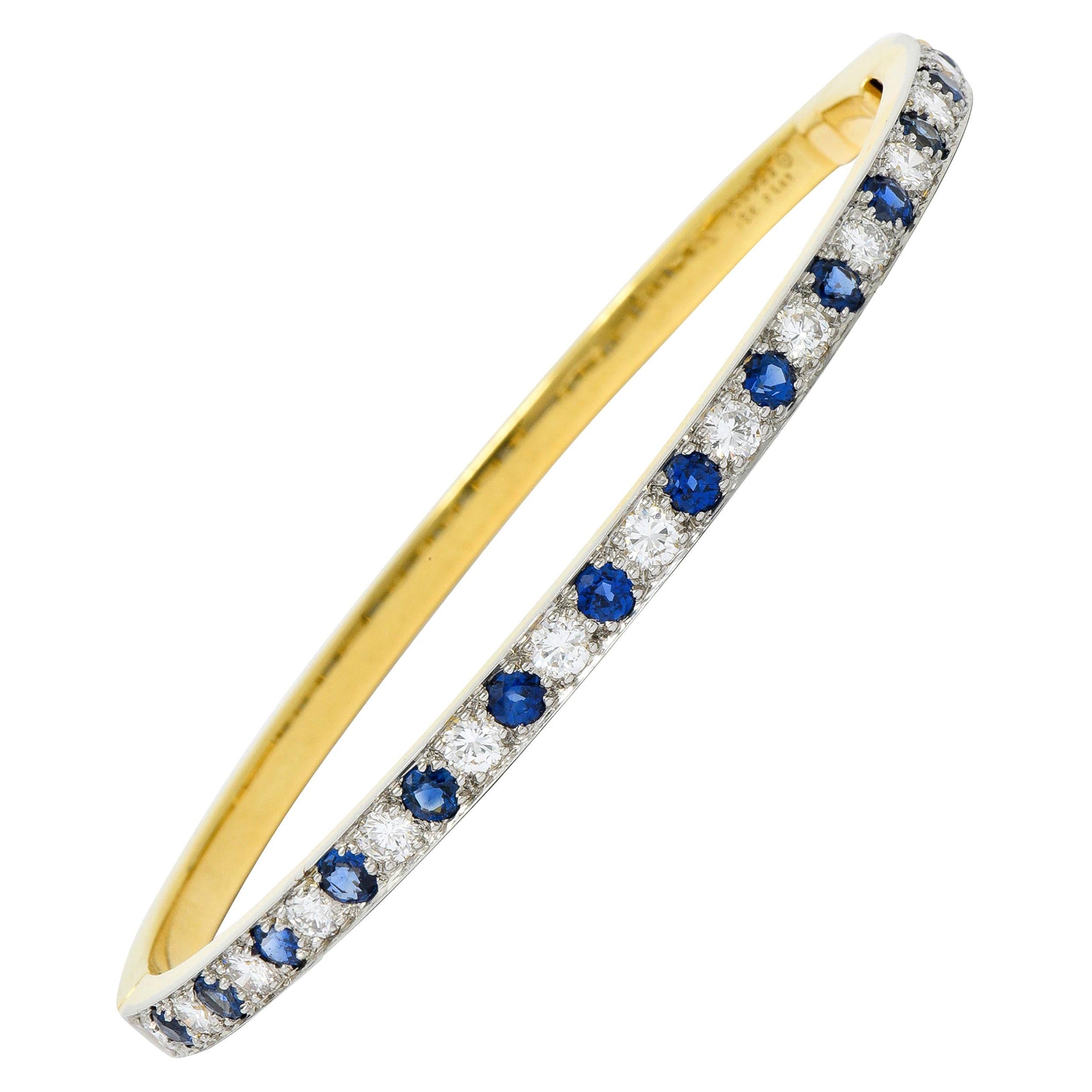 1950s, Oscar Heyman Sapphire Diamond 18 Karat Gold Platinum Bangle Bracelet