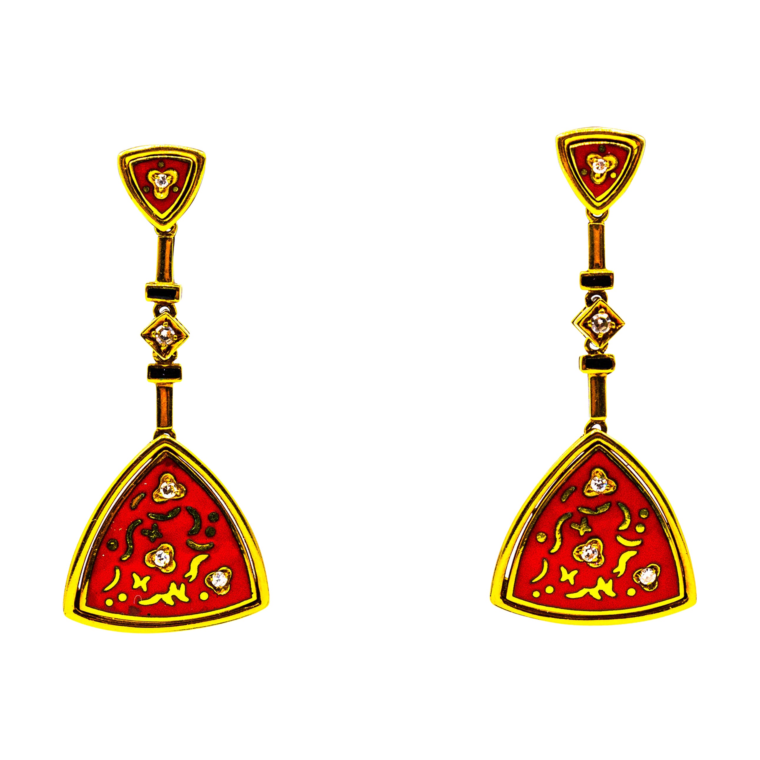 Boucles d'oreilles en goutte en or jaune de style Art déco avec diamants blancs taille brillant et émail rouge