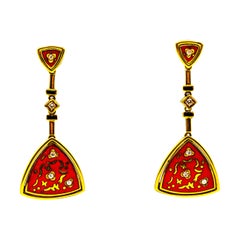 Boucles d'oreilles en goutte en or jaune de style Art déco avec diamants blancs taille brillant et émail rouge