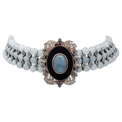 Chocker-Halskette aus 14 Karat Rosgold mit Aquamarin, Diamanten, Onyx und Silber