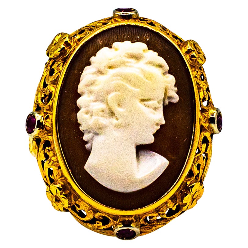 Art Nouveau Style Handcrafted Shel Cameo Ruby Yellow Gold Cocktail Ring