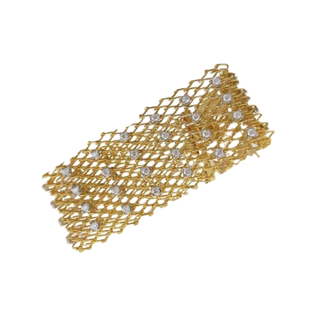 14 Karat Yellow Gold Wide Diamond Mesh Bracelet 28.2 Grams 