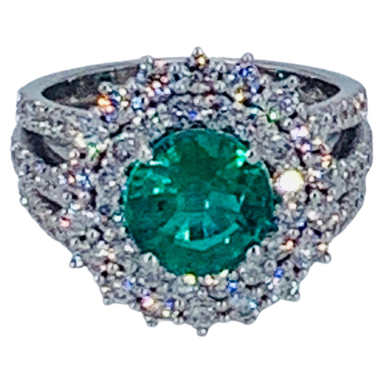 Contemporary 3.82 Carat Colombian Emerald Halo Diamond Cocktail Ring For Sale