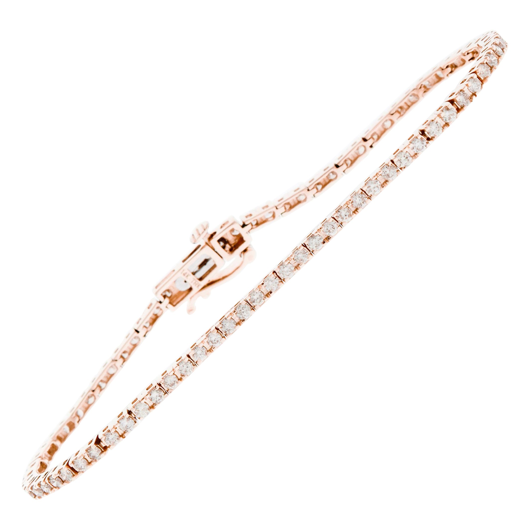 2 Carat Natural Round Diamond 4-Prong Tennis Bracelet in 14 Karat Rose Gold For Sale
