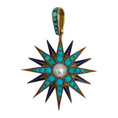 Antique Victorian 18 Karat Gold Pearl Turquoise Enamel Starburst Pendant