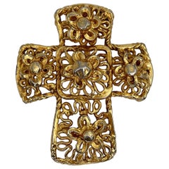 1980s Vintage Christian Lacroix Gold Tone Baroque Openwork Floral Cross Brooch