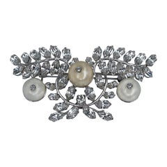 1950 Vintage Christian Dior Silver Tone Rhinestone Pearl Floral Brooch