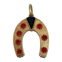 Antique Victorian 14 Karat Gold Red Coral Black Onyx Horseshoe Charm Pendant