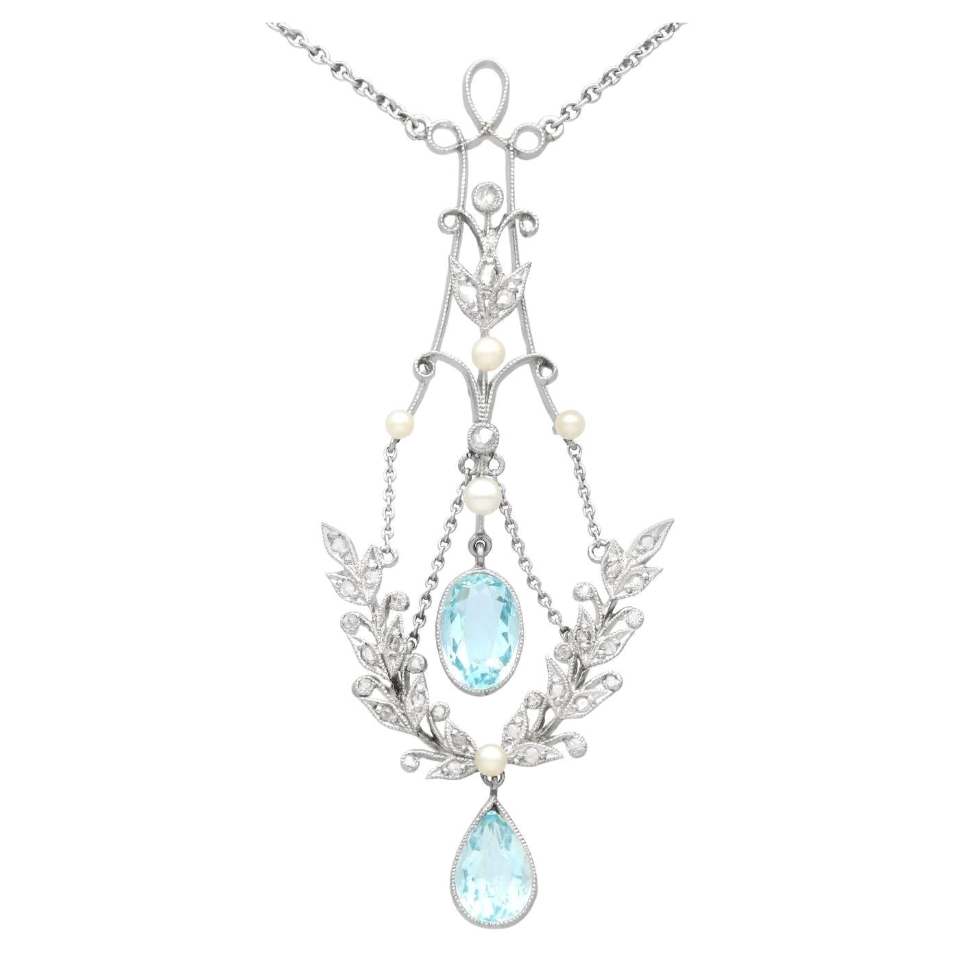 Antique Aquamarine Diamond Pearl and Yellow Gold Pendant