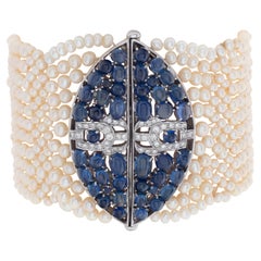 Seed Pearls Bracelet with Cabochon Sapphire and Diamond Clasp Set in 18k White