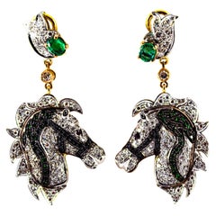 3.04 Carat White Black Diamond Ruby Emerald Yellow Gold Horses Clip-On Earrings