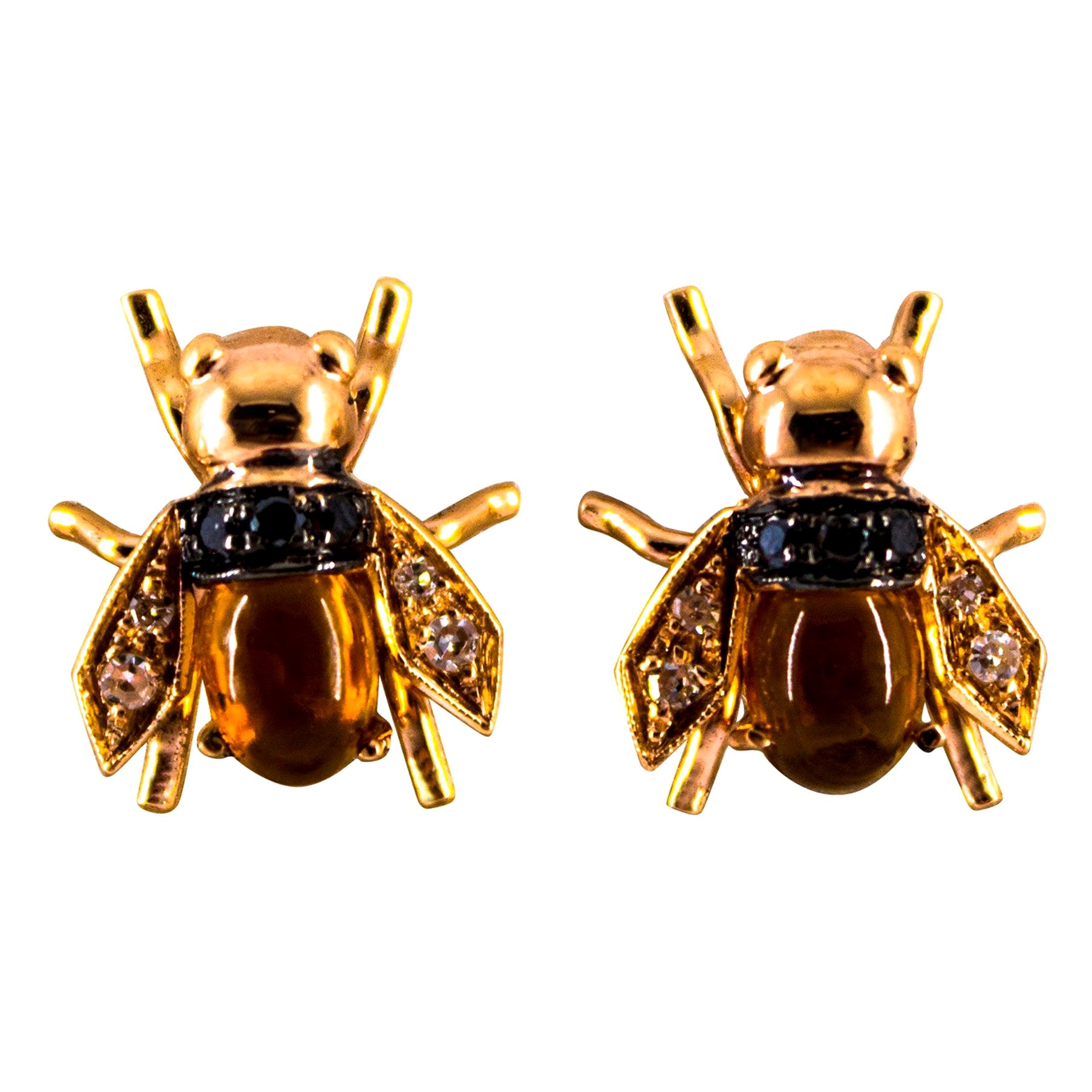 Art Nouveau Style 2.24 Carat Diamond Citrine Yellow Gold Stud "Bees" Earrings