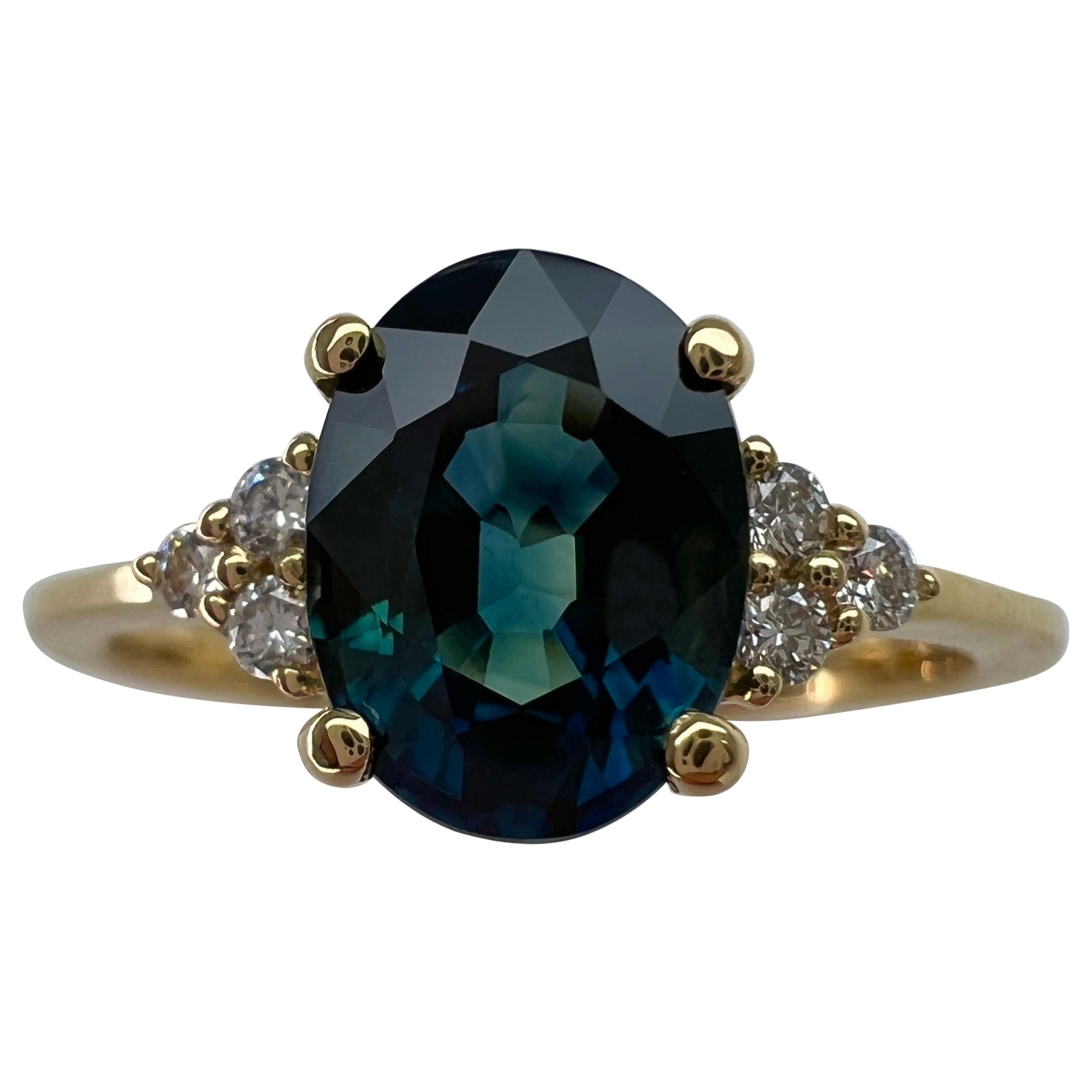 1.71 Carat Deep Teal Blue Oval Cut Sapphire & Diamond 18k Yellow Gold Ring