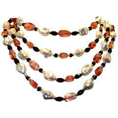 Hot Pink Tourmaline Baroque Pearl Onyx Gold Long Sautoir Necklace 12