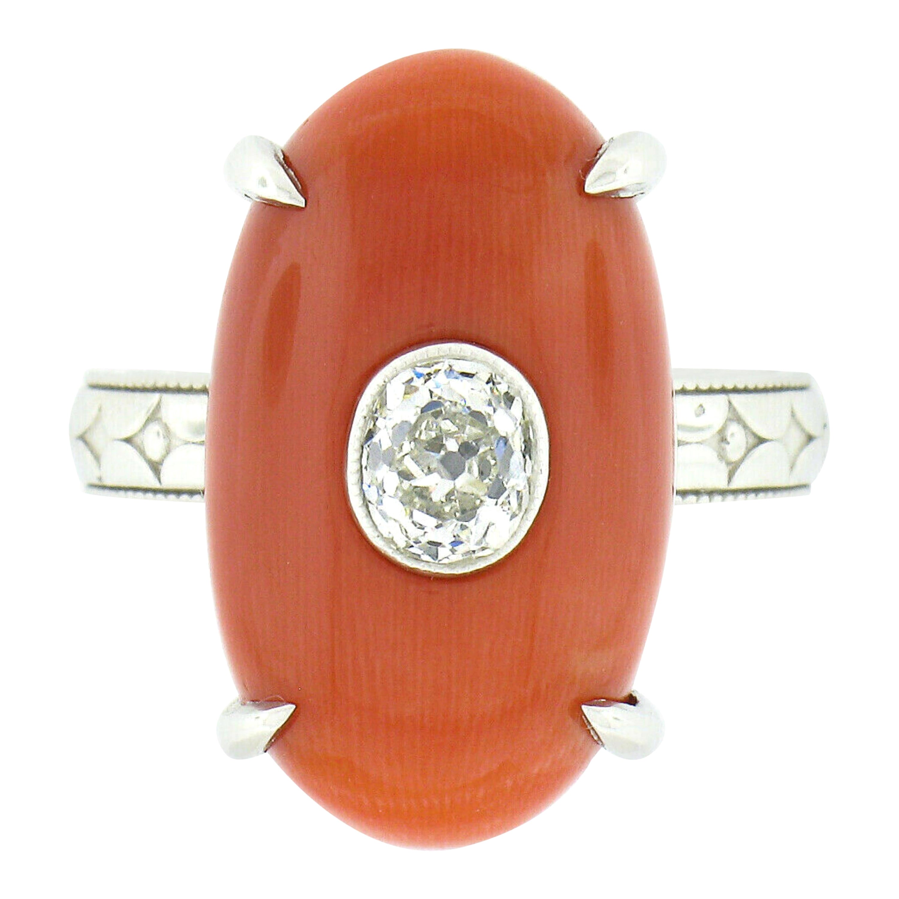 Platinum Fine Antique Oval GIA Reddish Orange Coral & Mine Cut Diamond Ring For Sale