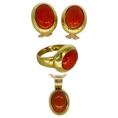 Vintage Italian Large Red Coral Stone Earrings, Ring and Pendant Set 18k Gold