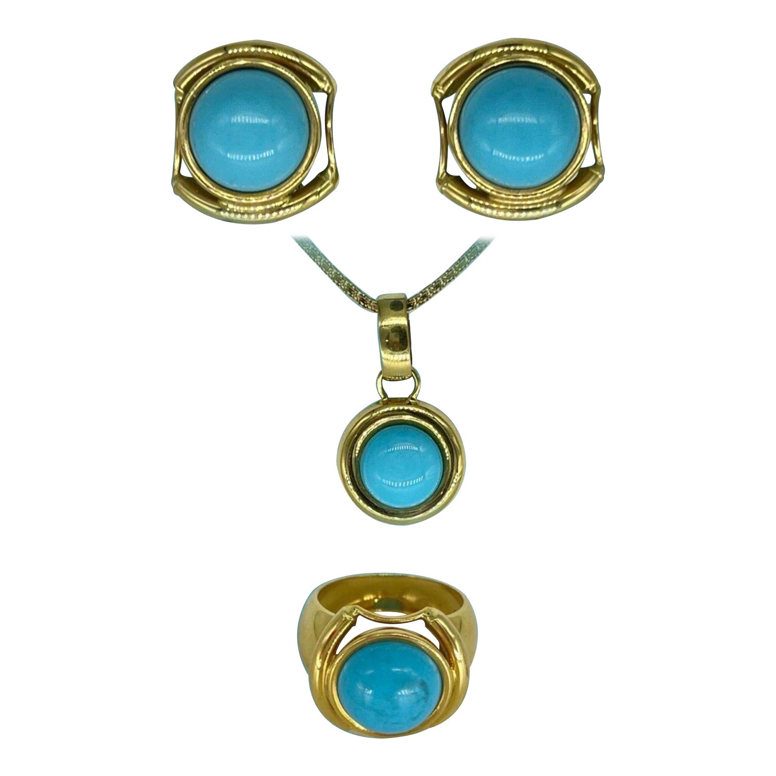 Boucles d'oreilles, bague et pendentif vintage en or 18 carats sertis de turquoise ronde