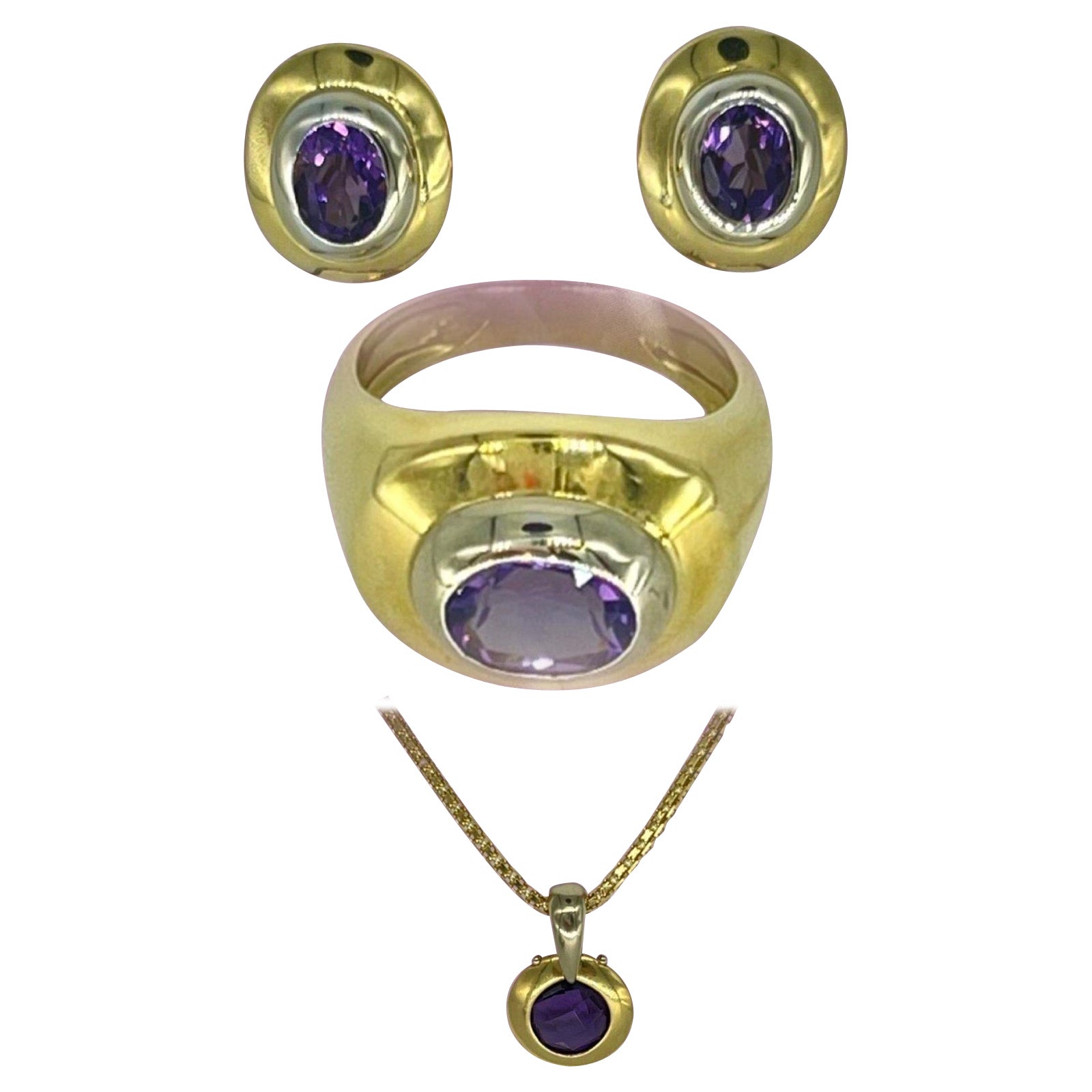 Criso Oval Amethyst Two-Tone Gold Earring, Ring and Pendant Set 18k Gold For Sale