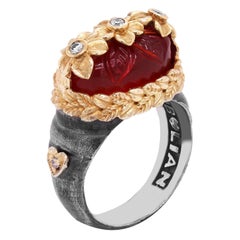 Stambolian Aged Silver 18K Gold Diamonds Flower Ring Carved Carnelian Center