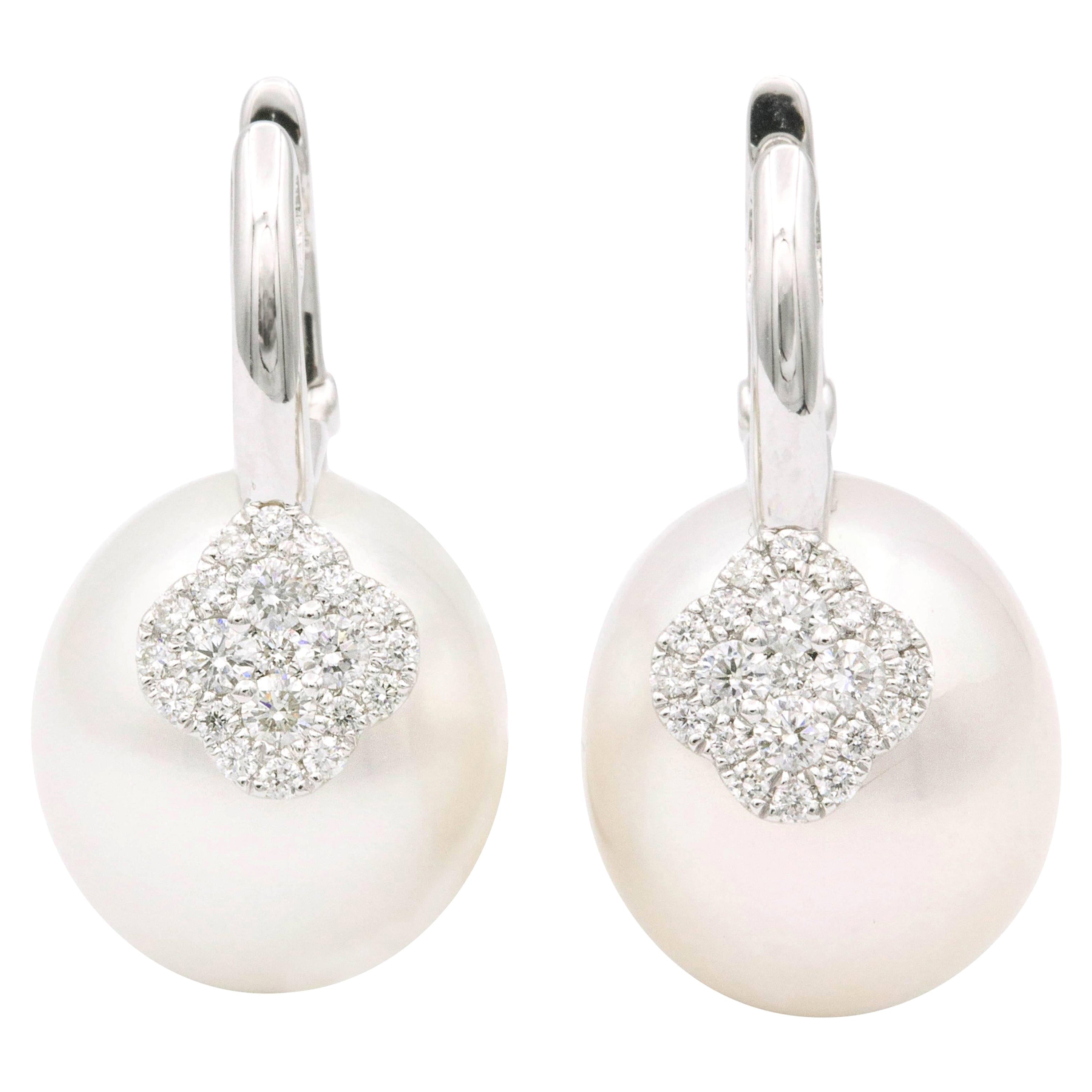 South Sea Pearl Oval Shape Drop Earrings with Diamond Accent For Sale