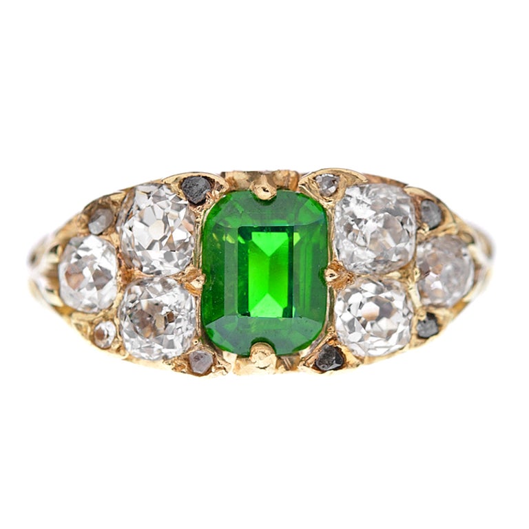 English Carved Tsavorite Garnet Diamond Gold Ring For Sale