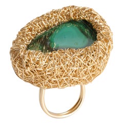 Malachite in 14 Kt Gold F Woven Cocktail Statement Ring by the Artist