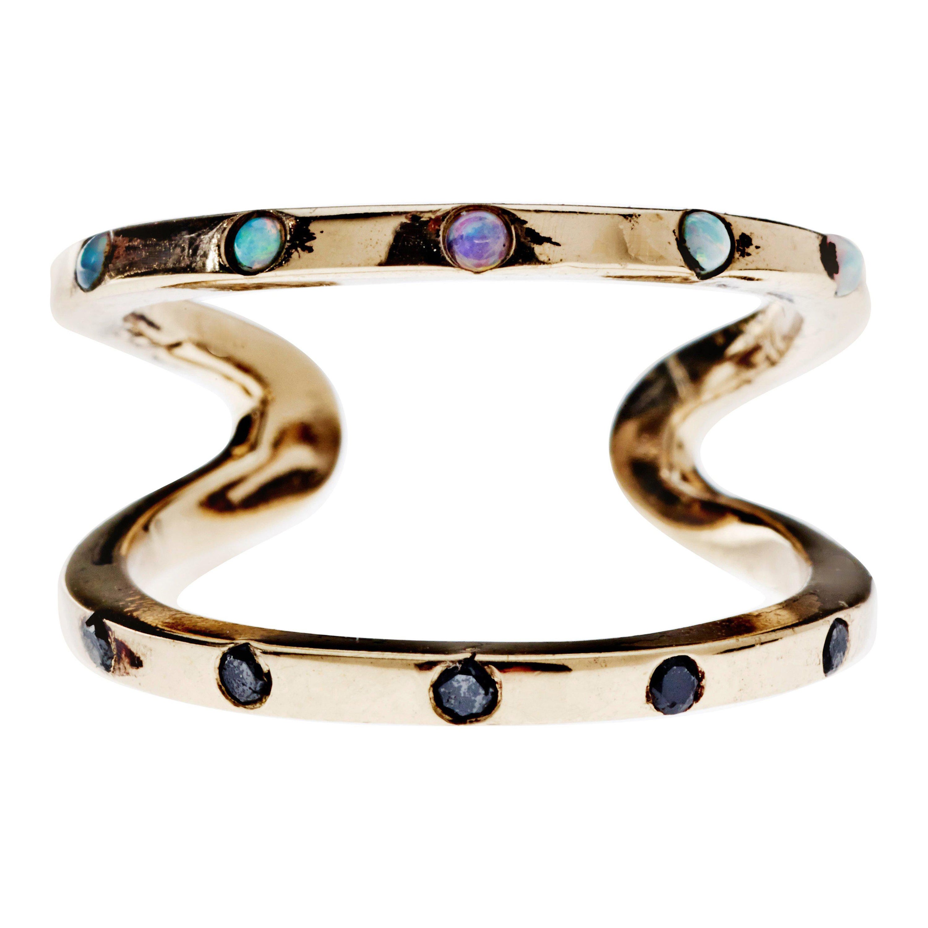 Black Diamond Opal Two-Band Love Ring Open Adjustable Bronze J Dauphin For Sale