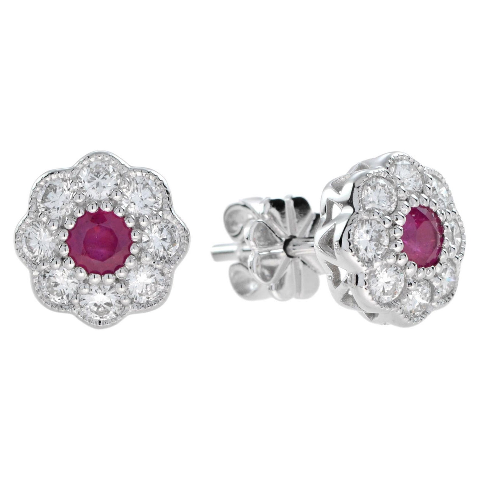 Fleur Ruby and Diamond Art Deco Style Stud Earrings in 14K White Gold For Sale