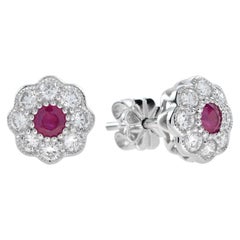 Fleur Ruby and Diamond Art Deco Style Stud Earrings in 14K White Gold