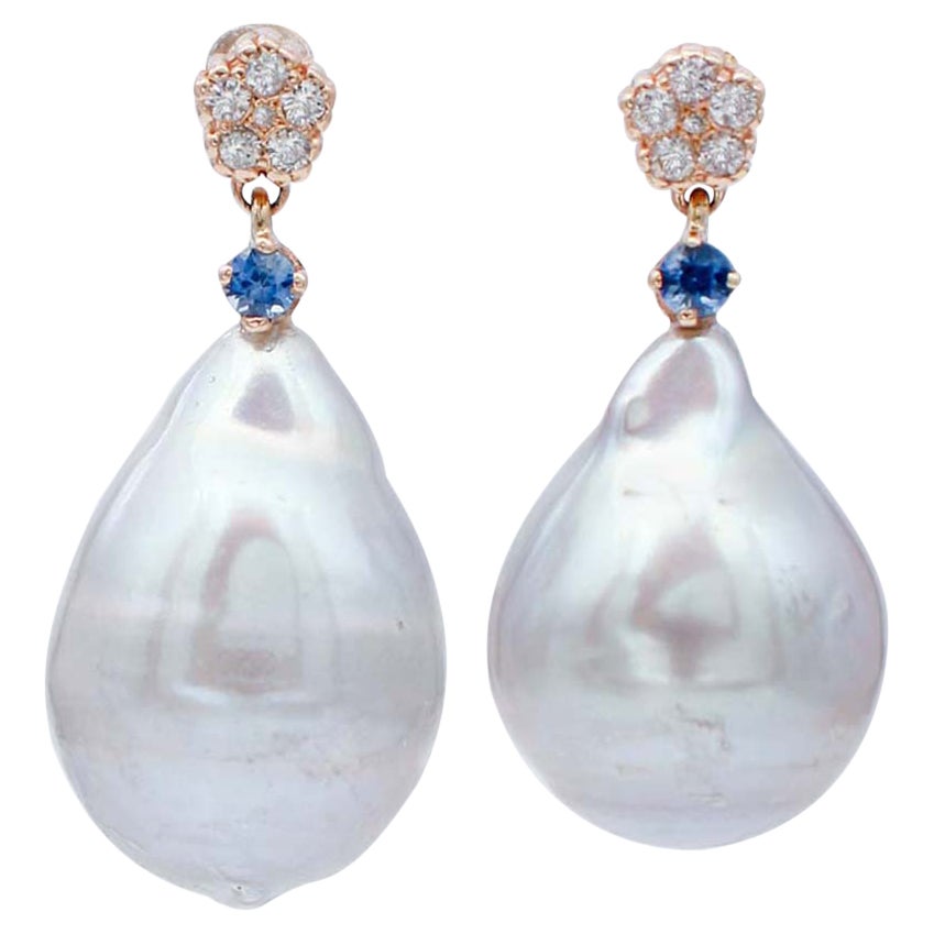 Grey Pearls, Sapphires, Diamonds 14 Karat Rose Gold Dangle Earrings