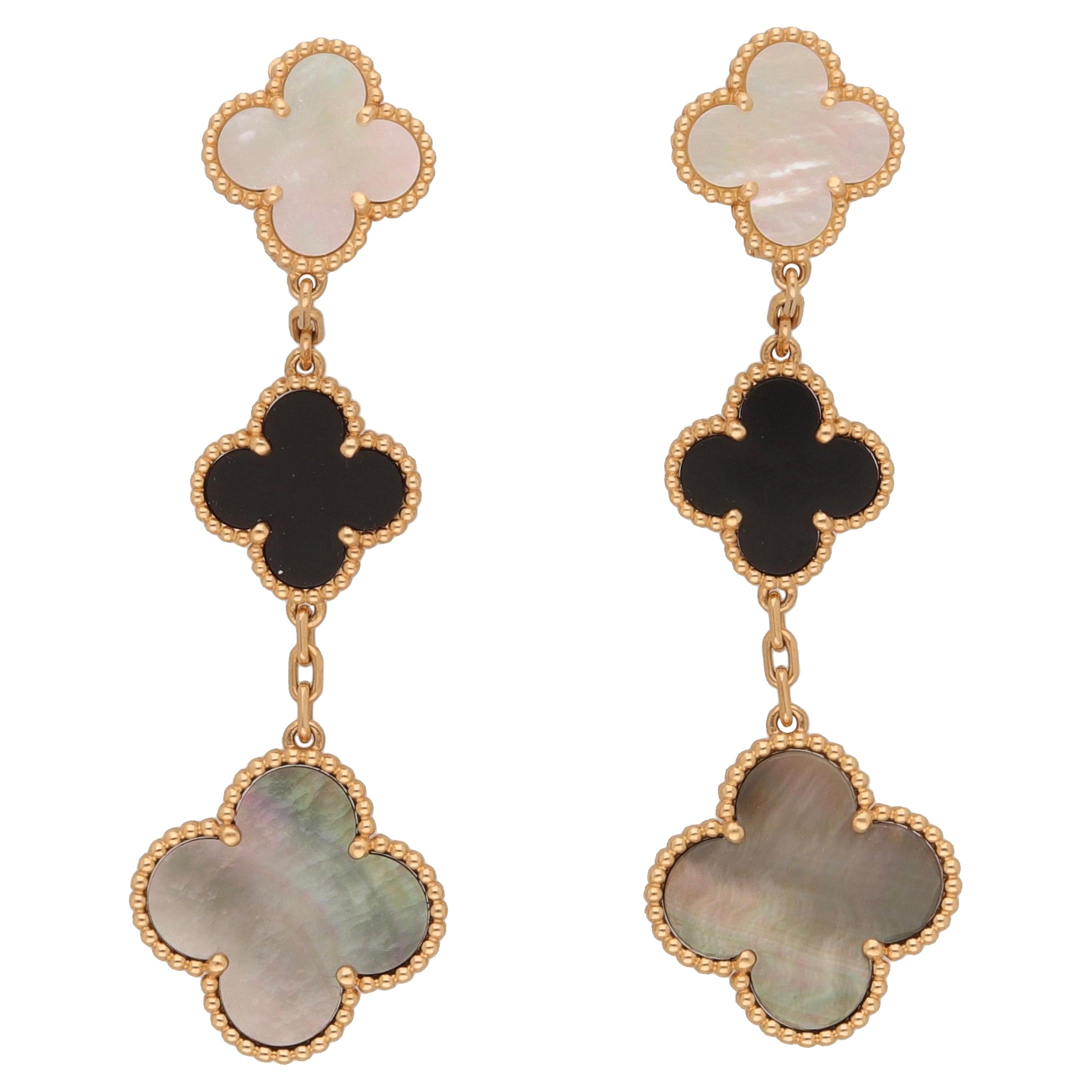 Van Cleef & Arpels Alhambra 18 Kt. Yellow Gold Mother of Pearl Onix Earrings