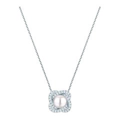 Ecksand 14k White Gold Twisted Flower Pearl Necklace With Diamond Halo