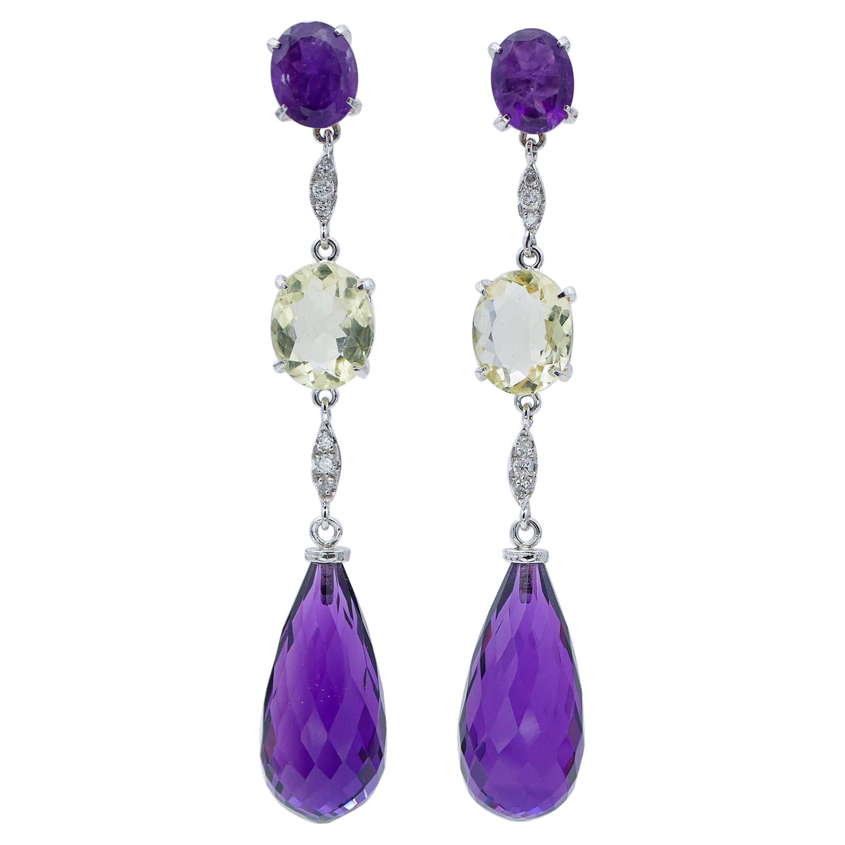 Amethysts, Citrine, Diamonds, 14Kt White Gold Dangle Earrings