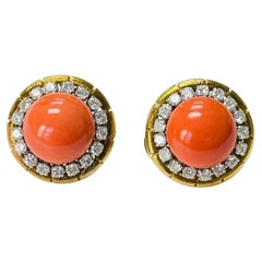 Vintage Coral and Diamond Stud Earrings in 18 Karat Yellow Gold