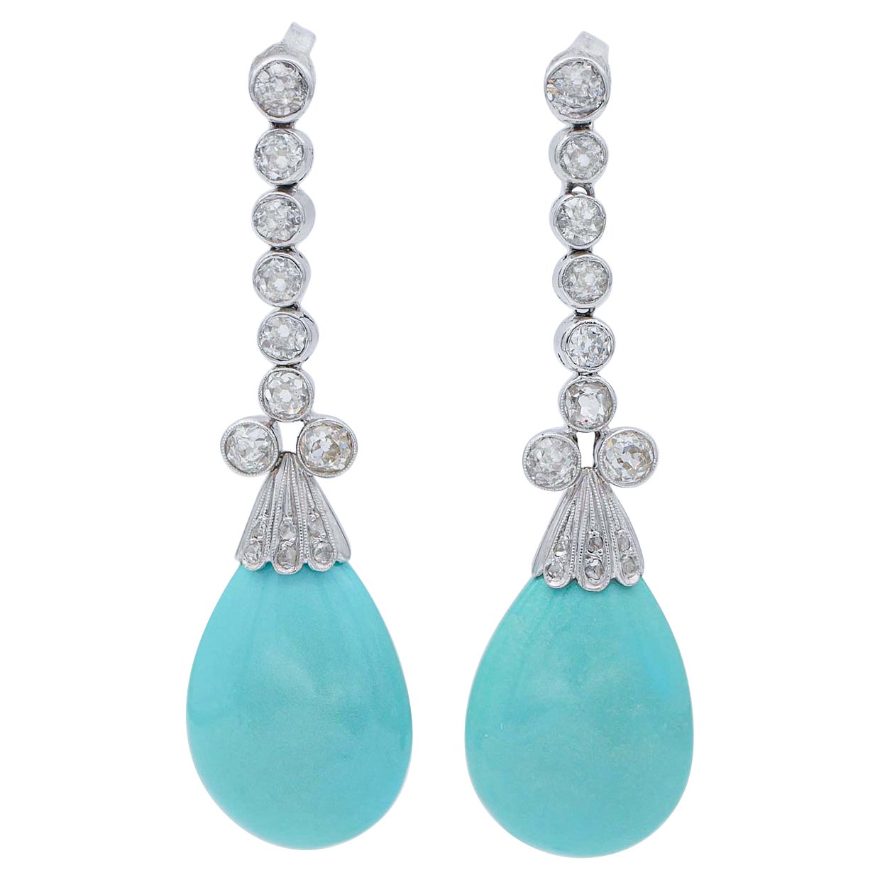 Turquoise, Diamonds, White Gold and Silver Dangle Earrings For Sale