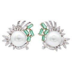South-Sea Pearls, Emeralds, Diamonds, 18 Karat White Gold Earrings