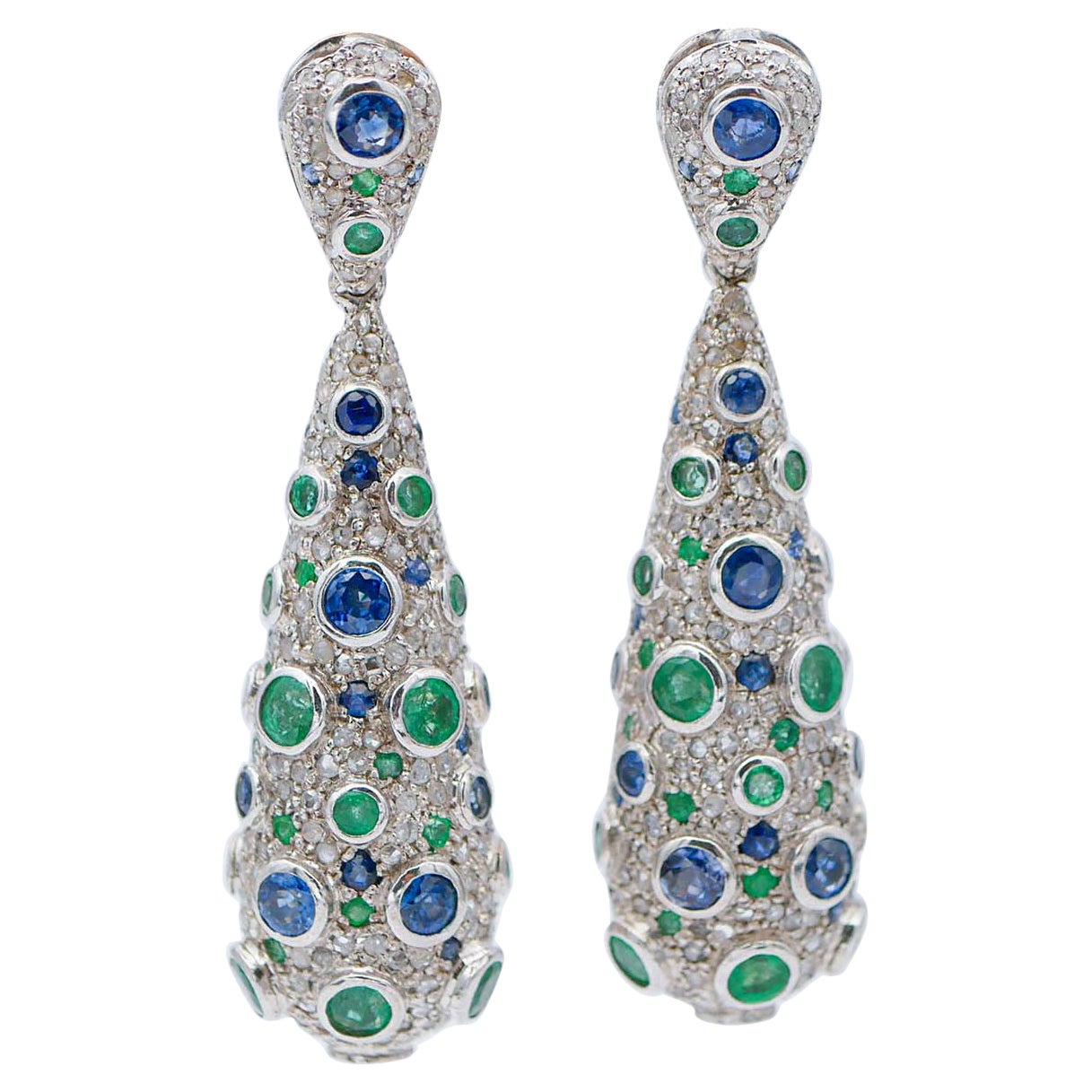 Emeralds, Diamonds, Sapphires, Rose Gold and Silver Dangle Earrings