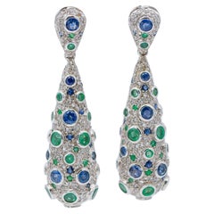 Emeralds, Diamonds, Sapphires, Rose Gold and Silver Dangle Earrings