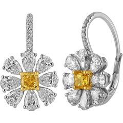 Fancy Yellow and White Diamonds Platinum Daisy Flower Drop Earrings 3