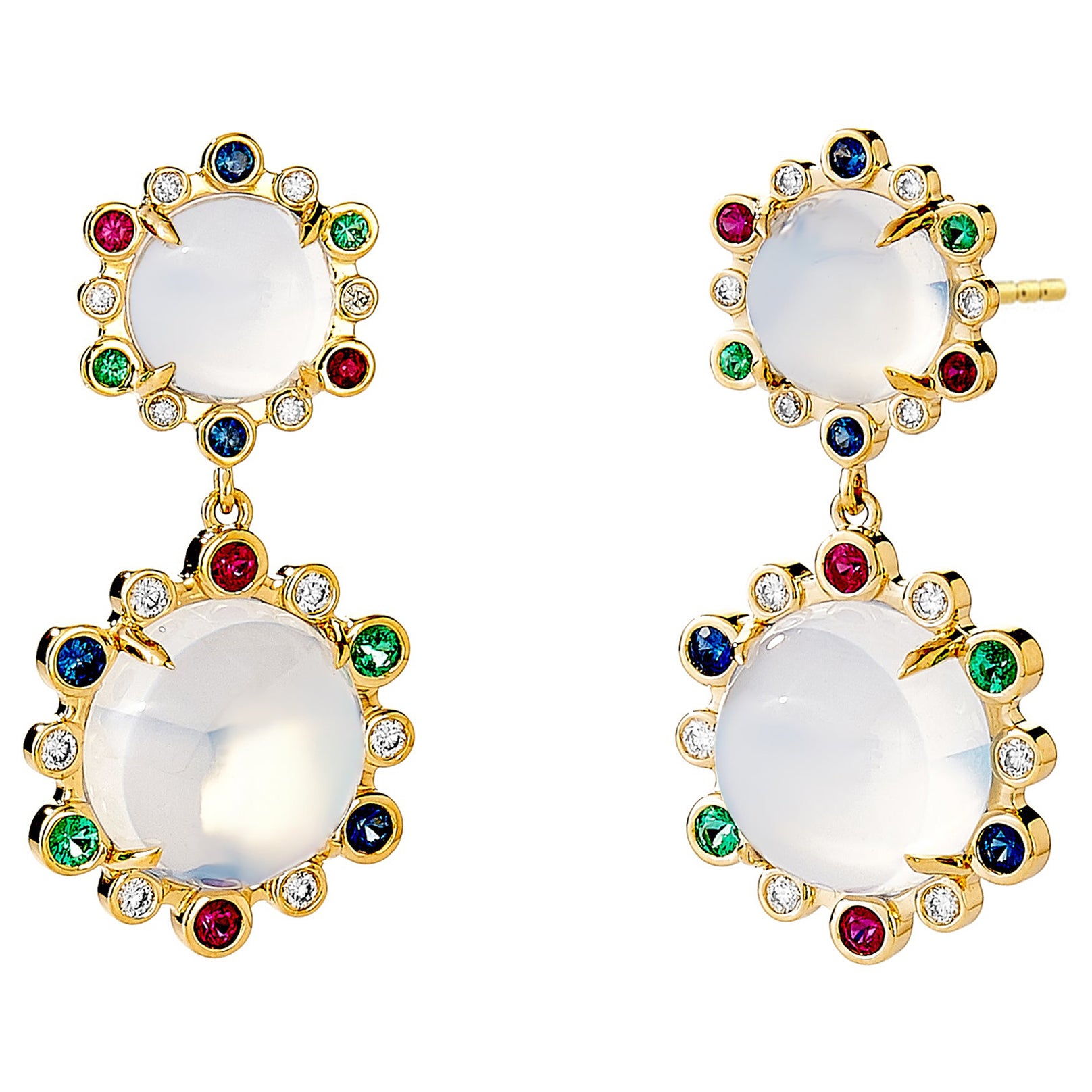 Syna Earrings with Moon Quartz, Emeralds, Rubies, Sapphires & Diamonds For Sale