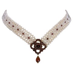 Marina J. All Pearl Woven Necklace with Vintage Garnet Centerpiece