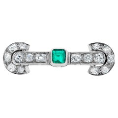 Antique Art Deco Gold Diamond Emerald Brooch