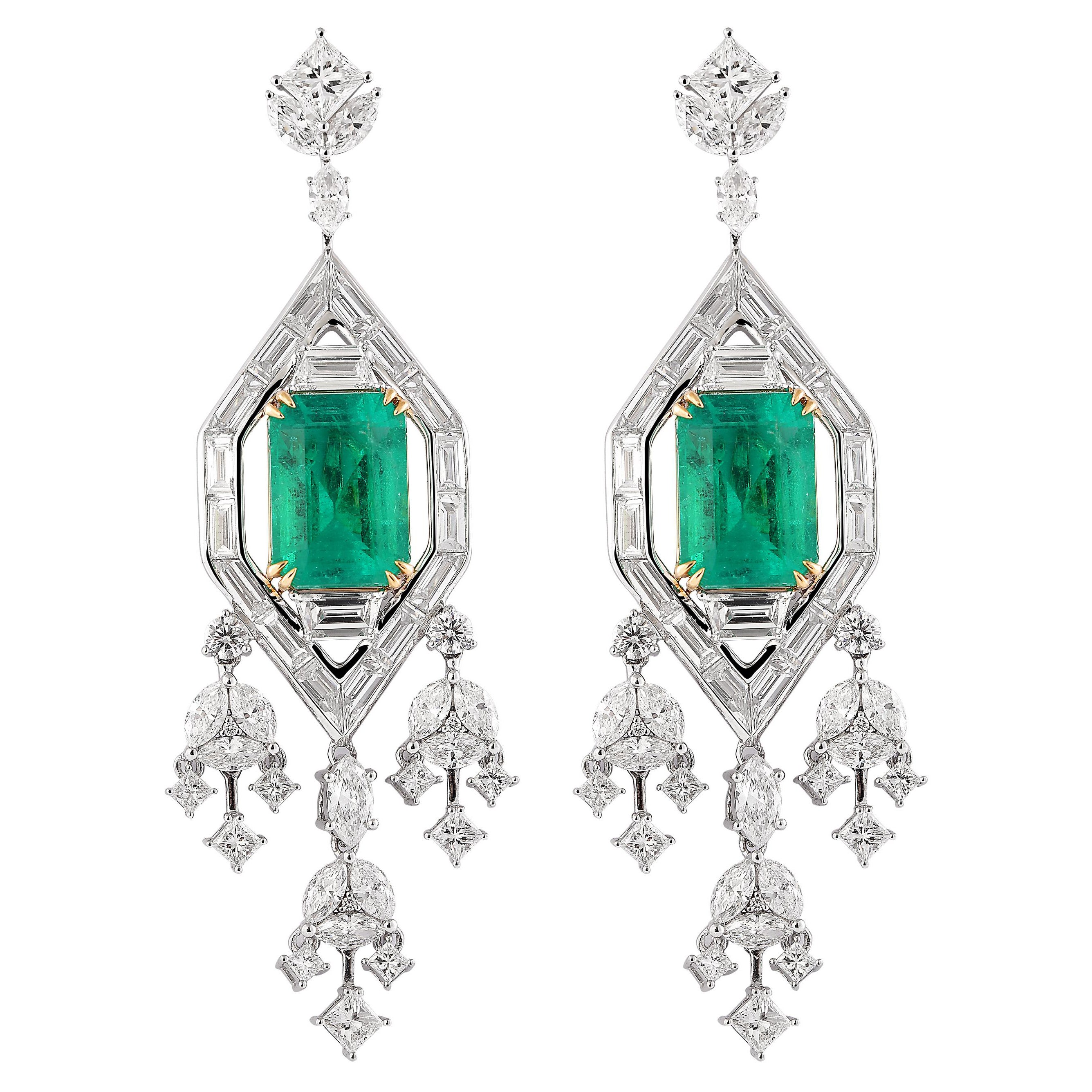 Art Deco Style, GRS Colombian Emerald Earrings with Diamond in 18 Karat Gold For Sale