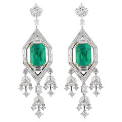 Art Deco Style, GRS Colombian Emerald Earrings with Diamond in 18 Karat Gold