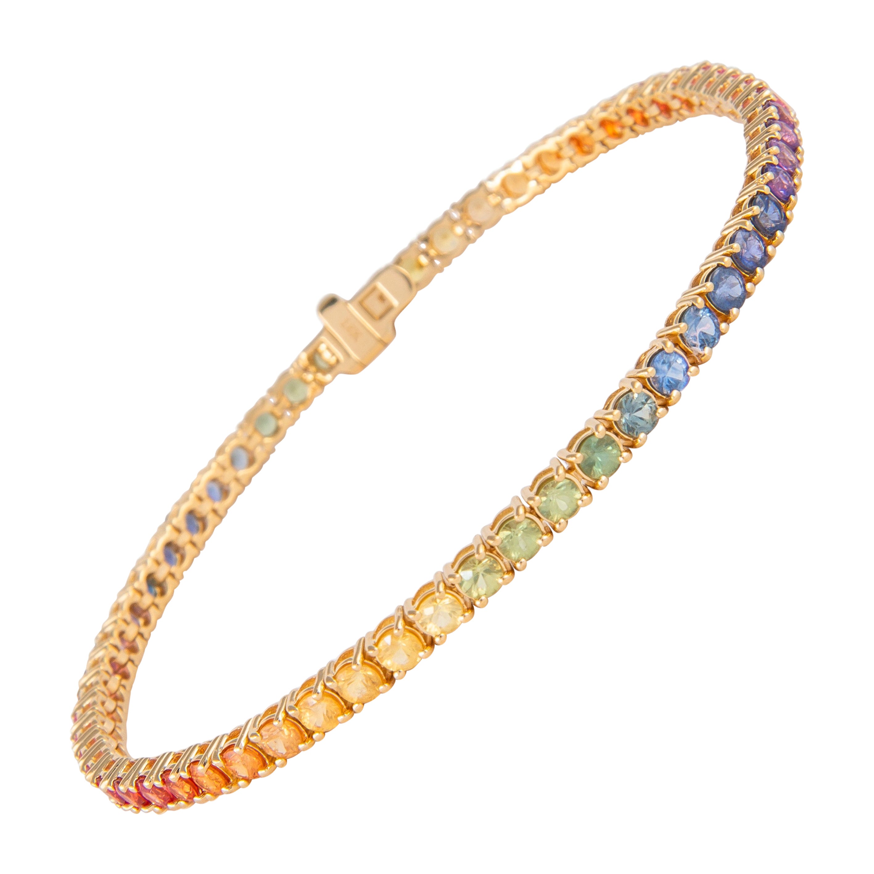 Alexander 5.58 Carat Rainbow Sapphire Tennis Bracelet 18 Karat Yellow Gold