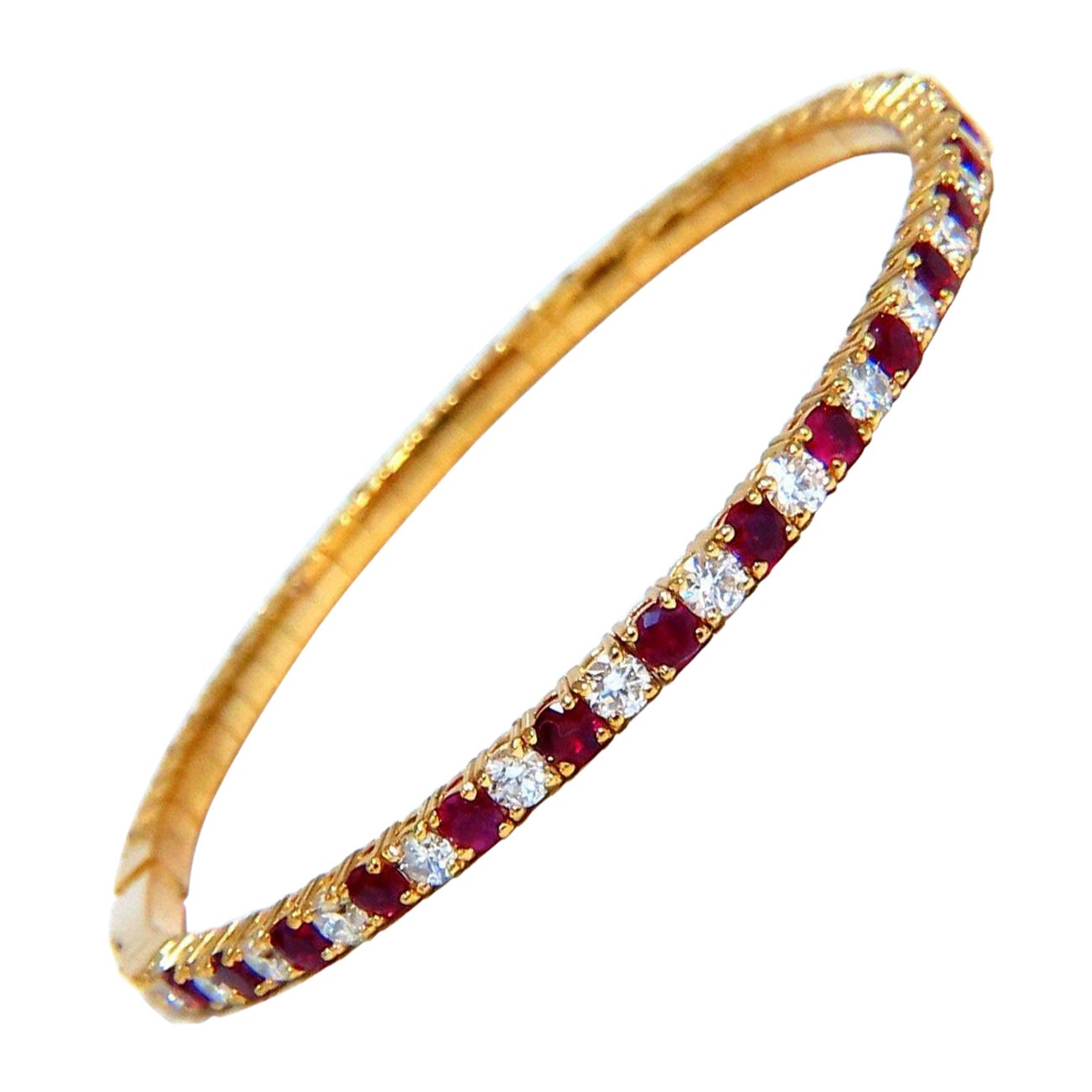 4.65ct Vivid Red Natural Ruby Diamonds Tennis Flexible Bangle Bracelet 14kt For Sale